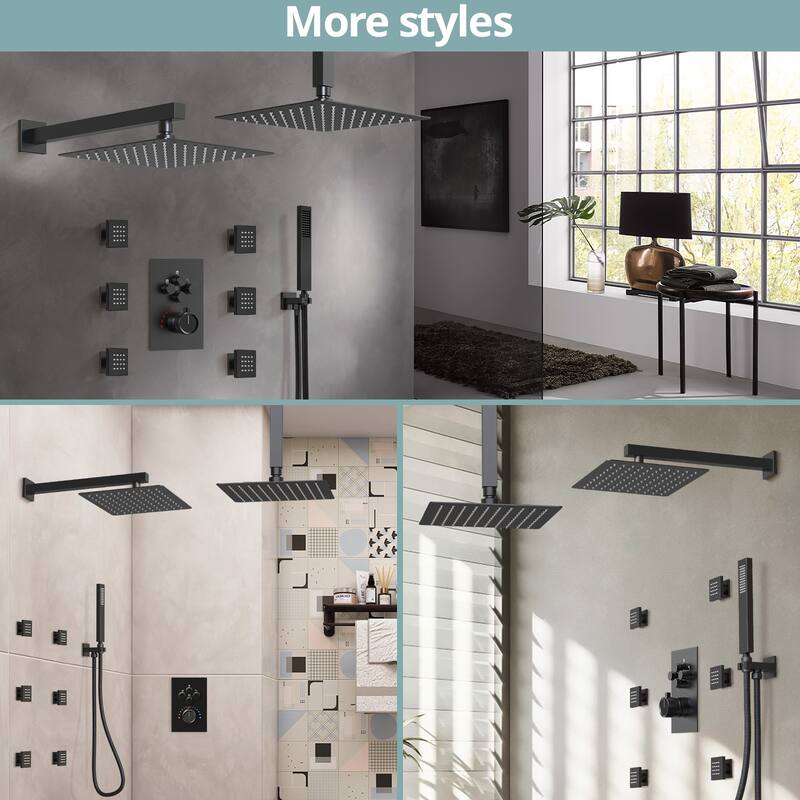 Dual Heads Thermostatic Shower System 12" Wall Rain Shower Head & 12" Ceiling High Pressure Shower Faucet with 6 Body Jets