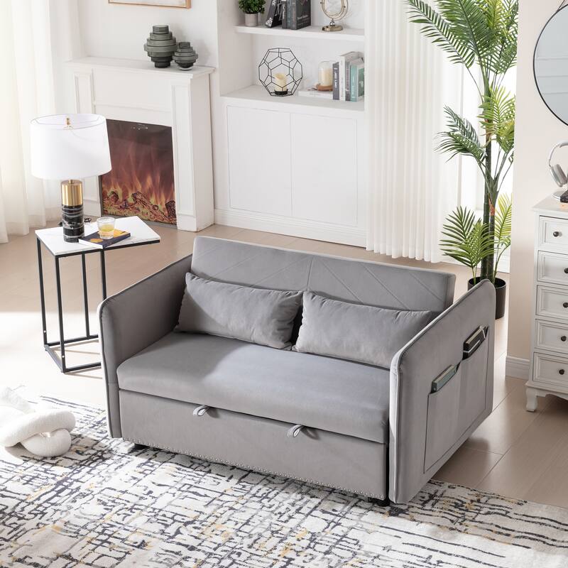 3 in 1 Convertible Sleeper Futon Sofa Bed, 55" Grey Velvet Loveseat with 2 Pillows, Reclining Backrest, Side Pockets