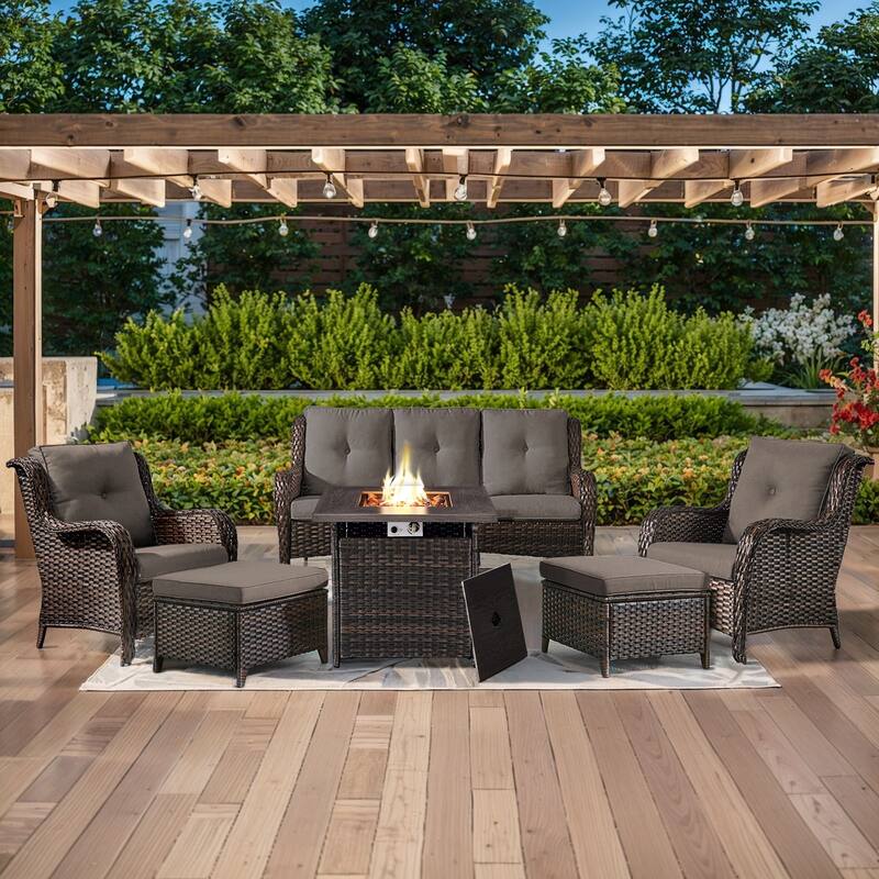 Gymojoy 6-Piece Outdoor Wicker Patio Furniture with Fire Pit Table, Rattan Coversation Set with Water Resistant Thick Cushions - Brown Wicker / Grey Cusion - 6-Piece