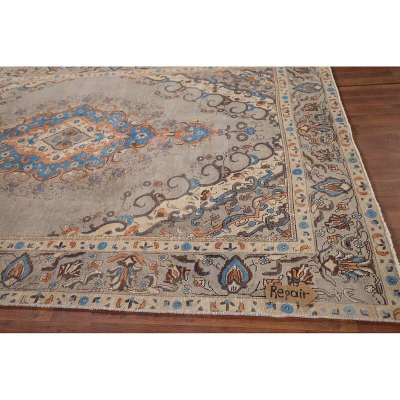 Distressed Tabriz Vintage Persian Rug Hand-Knotted Grey Wool Carpet - 6'6" x 9'7"