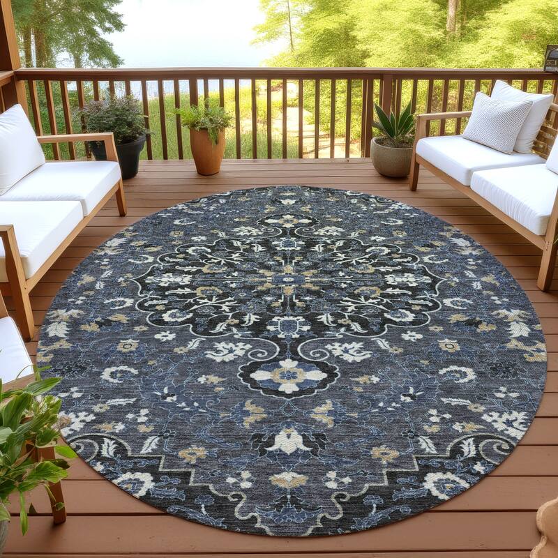 Machine Washable Indoor/ Outdoor Traditional Savannah Chantille Rug - Black - 8' x 8'