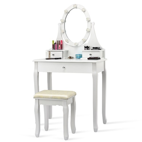 Vanity Makeup Dressing Table Set Lighted Mirror w/ Drawers & LED Bulbs. Opens flyout.