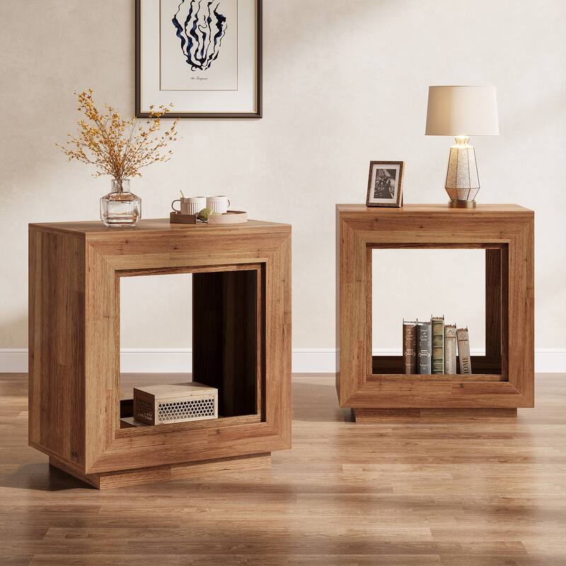 24" Rustic 2-Tier End Table, Side Table with Storage Shelf, Sofa Nightstand for Living Room, Bedroom, Entryway