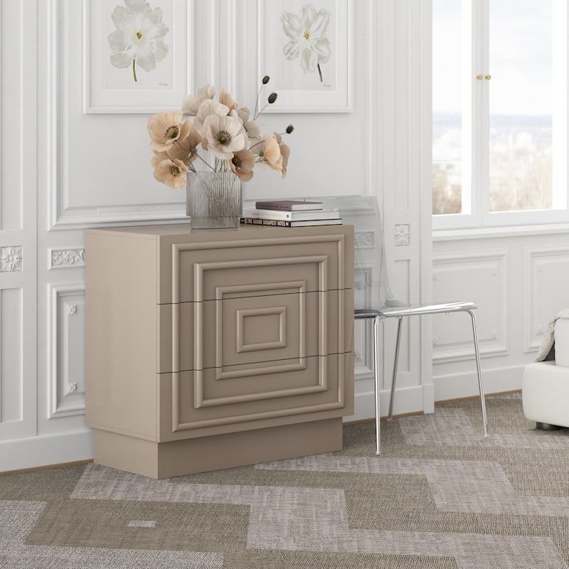 COZAYH Sculptural Mid-Century Modern Dresser & Nightstand with Geometric Square Pattern, Contemporary Chest and Bedside Table - Taupe - 3-drawer