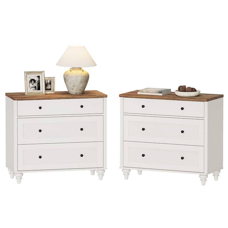 Nightstand Bedside Table, Wood Side Table with 3 Drawer - White - 6-drawer