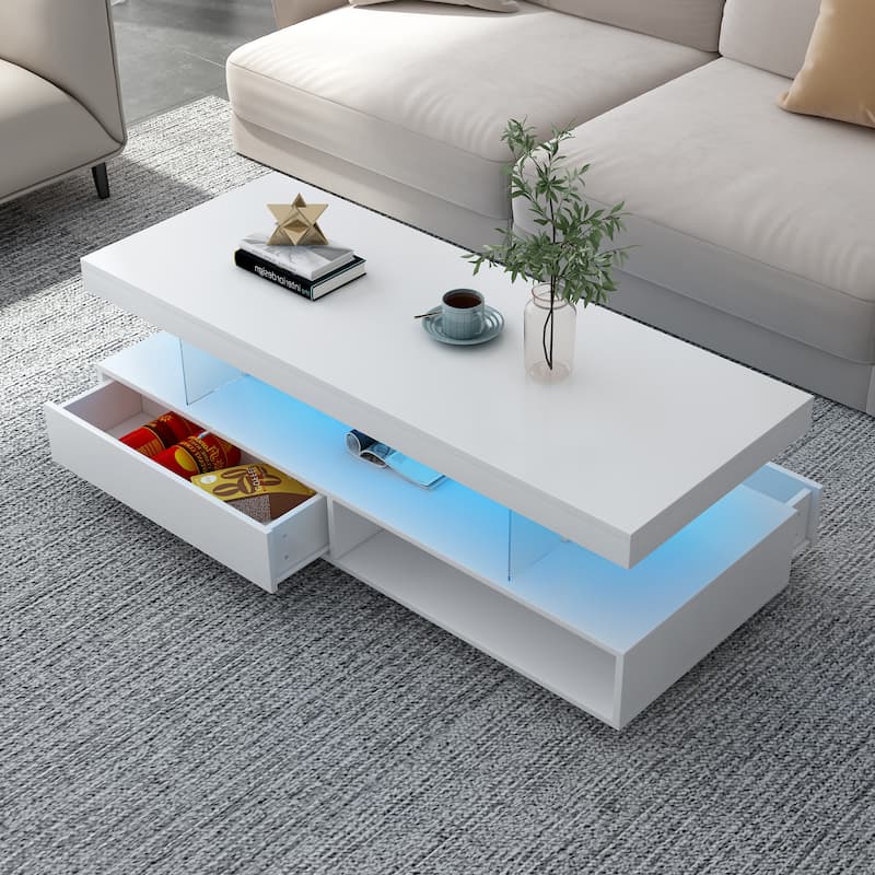 LED Coffee Table with Storage, Modern Center Table with 2 Drawers and Display Shelves