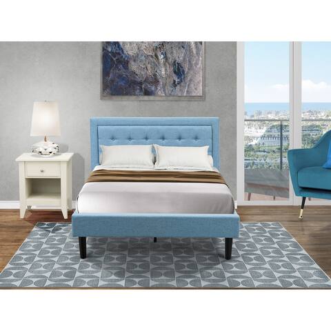 Platform Bedroom Set with Full Bed Frame and a Wooden Night Stand - Denim Blue Linen Fabric
