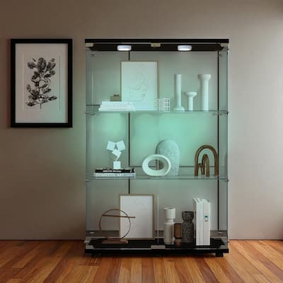 Modern Tempered Glass Storage Cabinet with Battery-Powered Light, Adjustable Floor Feet, Wine & File Display Case