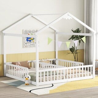 Double Twin Size Pine Wood Kids House Floor Bed Frame with Fence & Guardrails, No Box Spring Needed, White
