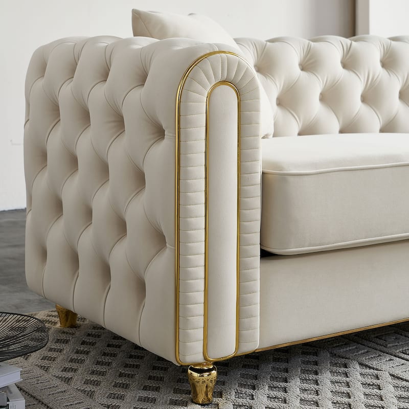 86'' Luxury Modern Tufted Velvet Sofa with 2 Toss Pillows, Beige