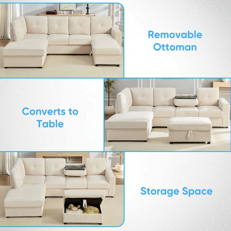 Mixoy 98’‘Multi-Functional Corduroy Upholstered Sofa Bed with Foldable Backrest Converts toTable,Cup Holde,Storage Ottoman