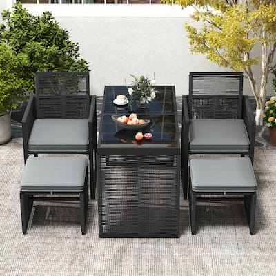 5 Piece Outdoor Patio Set with Cushions and Glass Table for Backyard - 45" x 22" x 28"