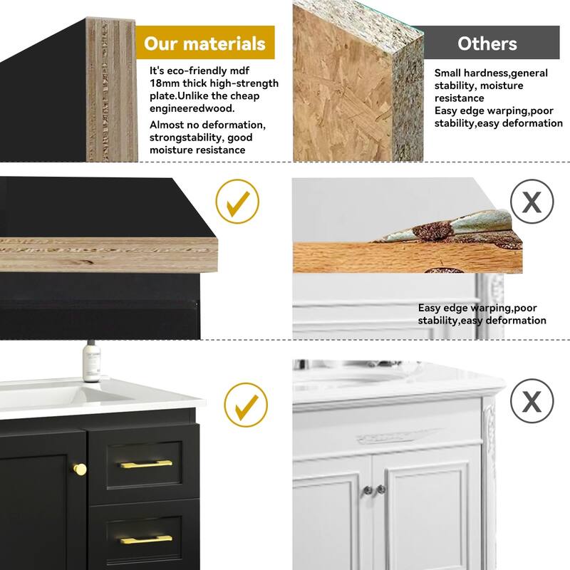 30" Bathroom Vanity Cabinet with Soft-Close Door & 3 Drawers, MDF Storage Vanity for Modern & Transitional Bathrooms