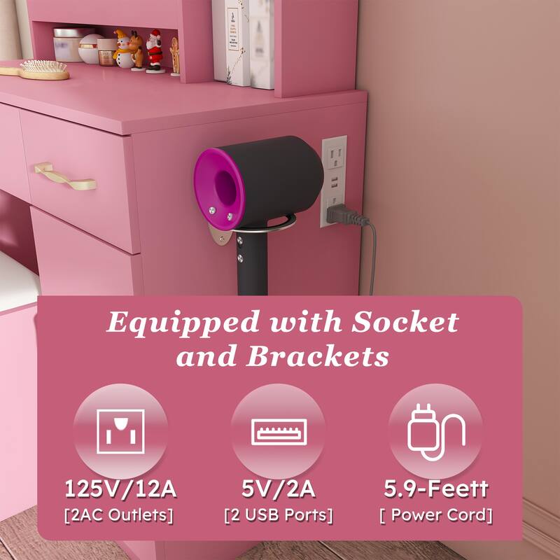 Vanity Desk with LED Mirror, Power Outlet, 3 Drawers, 7 Shelves and Storage Stool, Makeup Table for Women