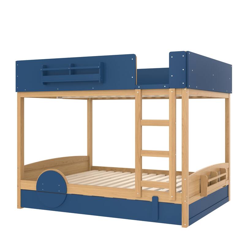 Roomfitters Car Shaped Bunk Bed with Trundle and Bookshelf, Solid Wood Auto Frame