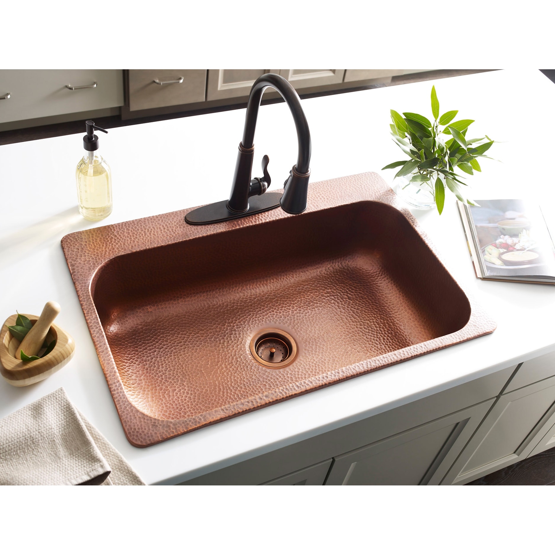 Angelico 33" Antique Copper Hand-Hammered Drop-In Single Bowl Kitchen Sink with 3 Faucet Holes