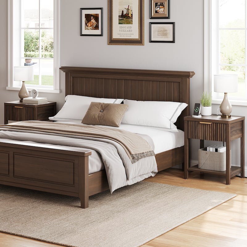 Nightstand with Drawers Fluted Bedside Table with Charging Station