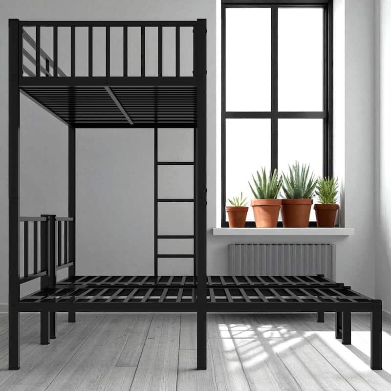 Metal Triple Bunk Bed for 3, Twin XL Over Twin & Twin, Convertible to 3 Twin Beds with Guardrails and Ladder