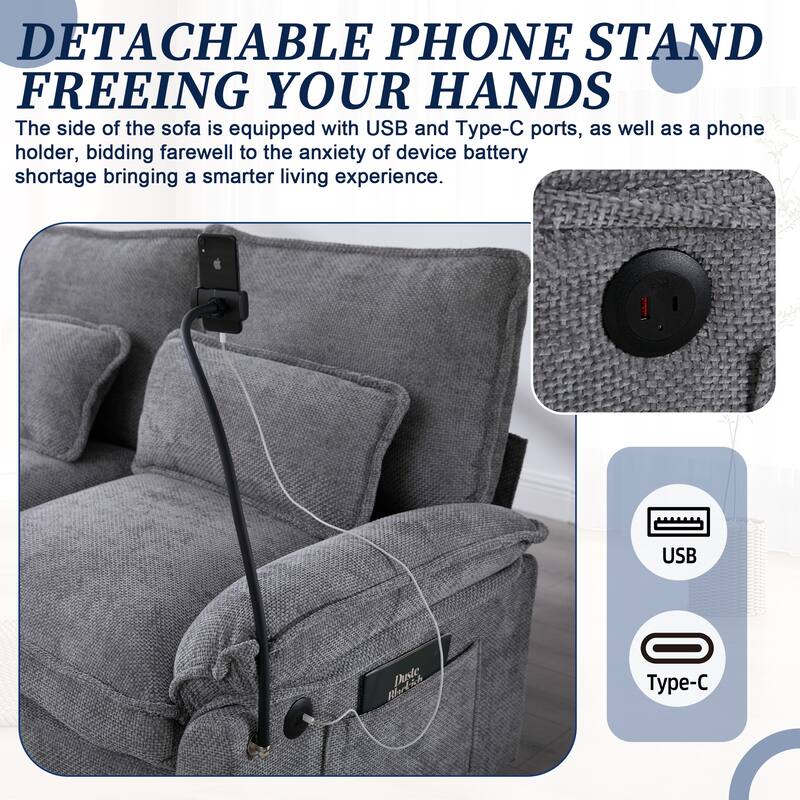 Chenille U-shape Sectional Sofa with Chaise and Storage Ottoman, Modular Couch with USB/Type-C Ports, Side Pockets, Phone Holder
