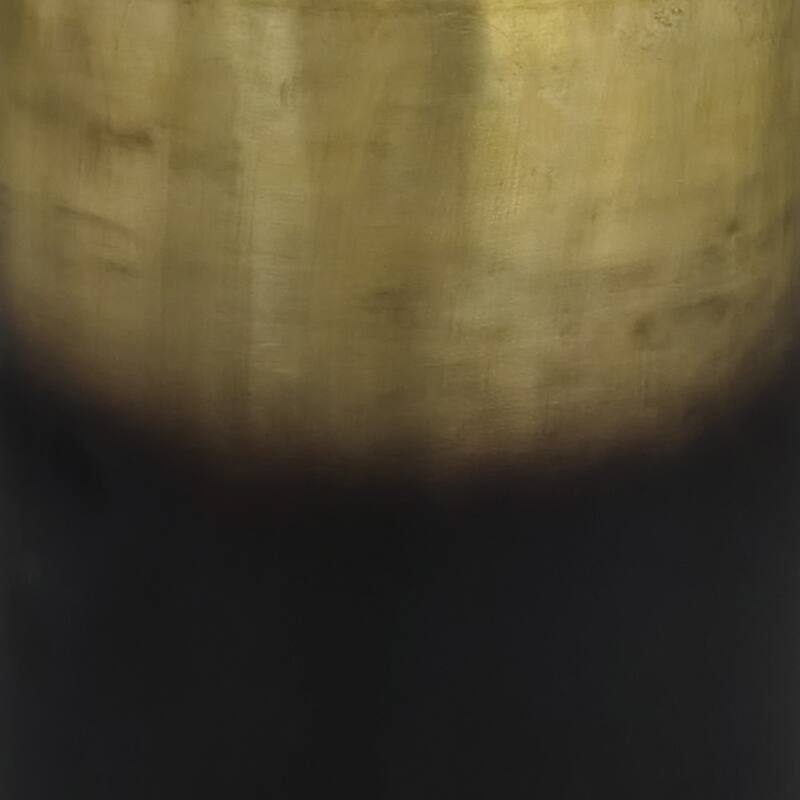 Dyan 20 Inch Side End Table, Round Drum Shape, Black Gold, Antique Brass Ombre