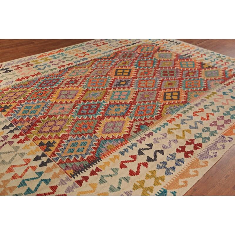 Geometric Kilim Oriental Area Rug Flatweave Wool Carpet - 8'2" x 11'5"