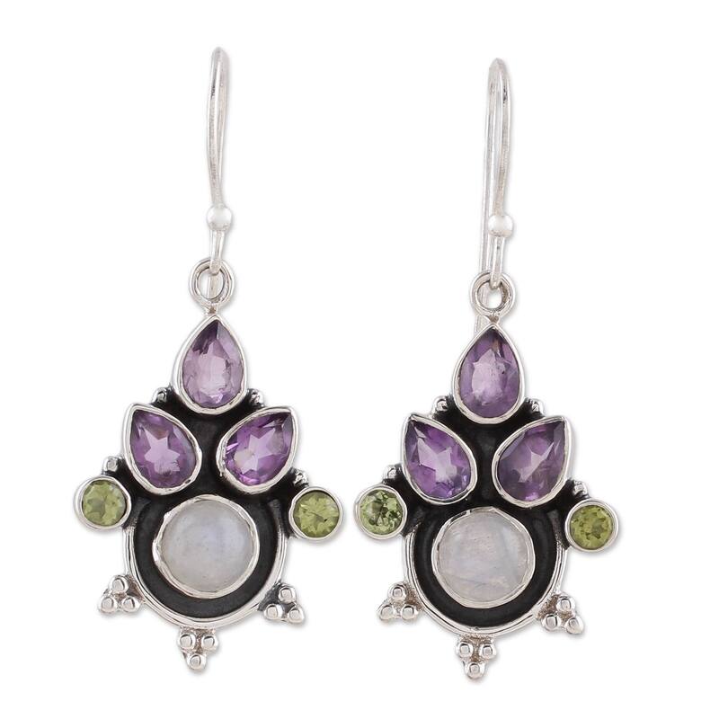 NOVICA Handmade Sterling Silver 'Colorful Bunch' Multi-gemstone Earrings (India) - 1.6*0.7