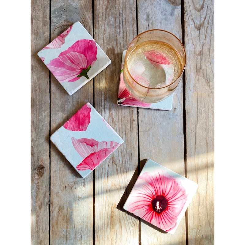 Pink Rose of Sharon Marble Coaster Set