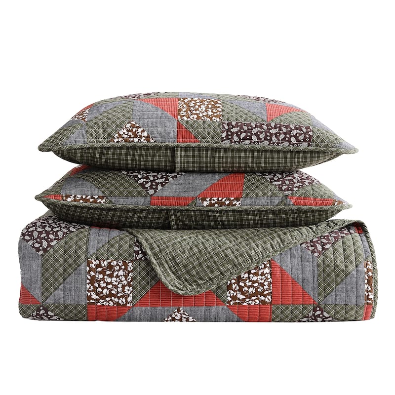 Eddie Bauer Block Patchwork Cotton Reversible Green Quilt Set