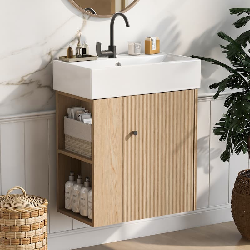 21.6" Floating Bathroom Vanity with Ceramic Sink - Left-Side Storage, Space-Saving for Small Bathrooms
