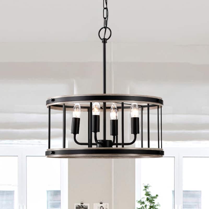 Feilim 18 Inch Airy Drum Chandelier with 4 Light Candle - N/A - Matte Black and Imitation Wood Grain