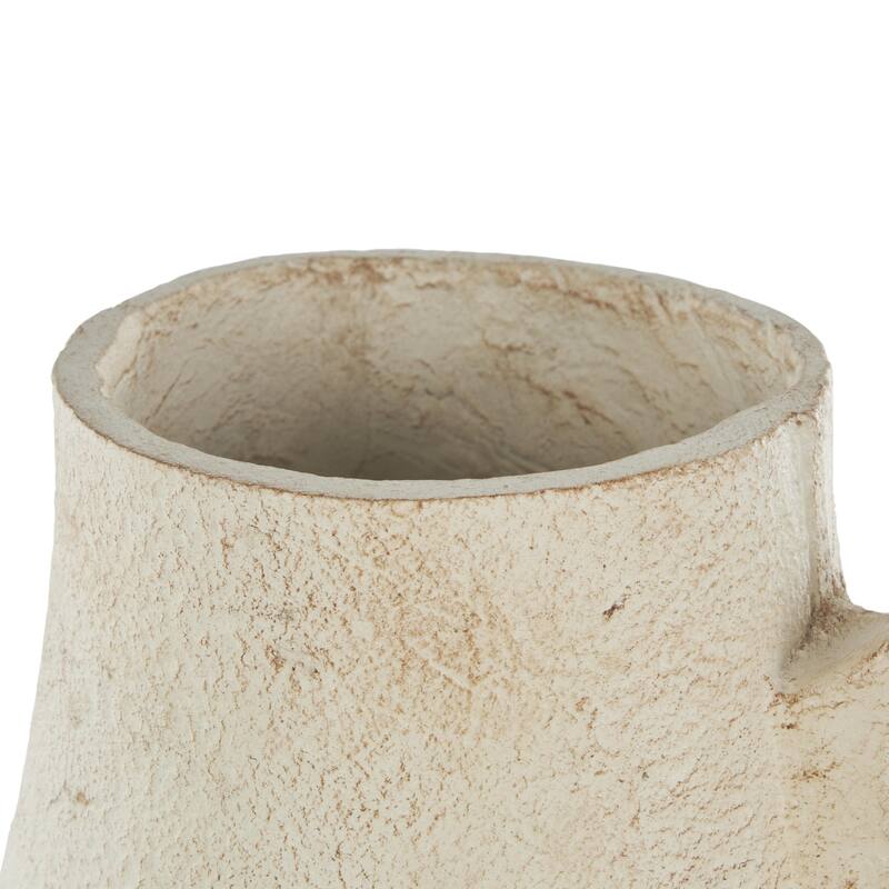 Cream Paper Mache Fluted Decorative Vase with Brown Distressed Texturing and Ring Handle