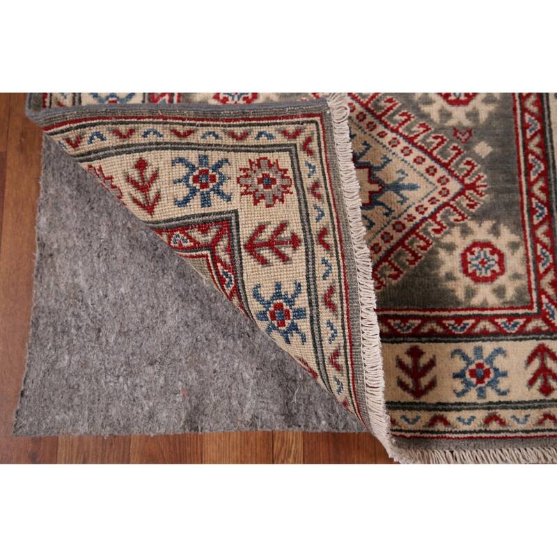 Gray Geometric Kazak Oriental Runner Rug Handmade Wool Carpet - 2'8" x 16'4"