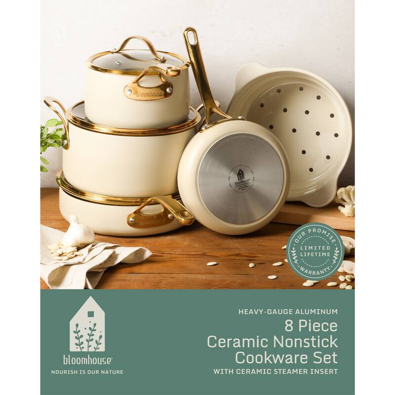 Bloomhouse 8 Piece Pots and Pans Heavy Duty Aluminum Premium PFA Free Ceramic Nonstick - Almond Cream