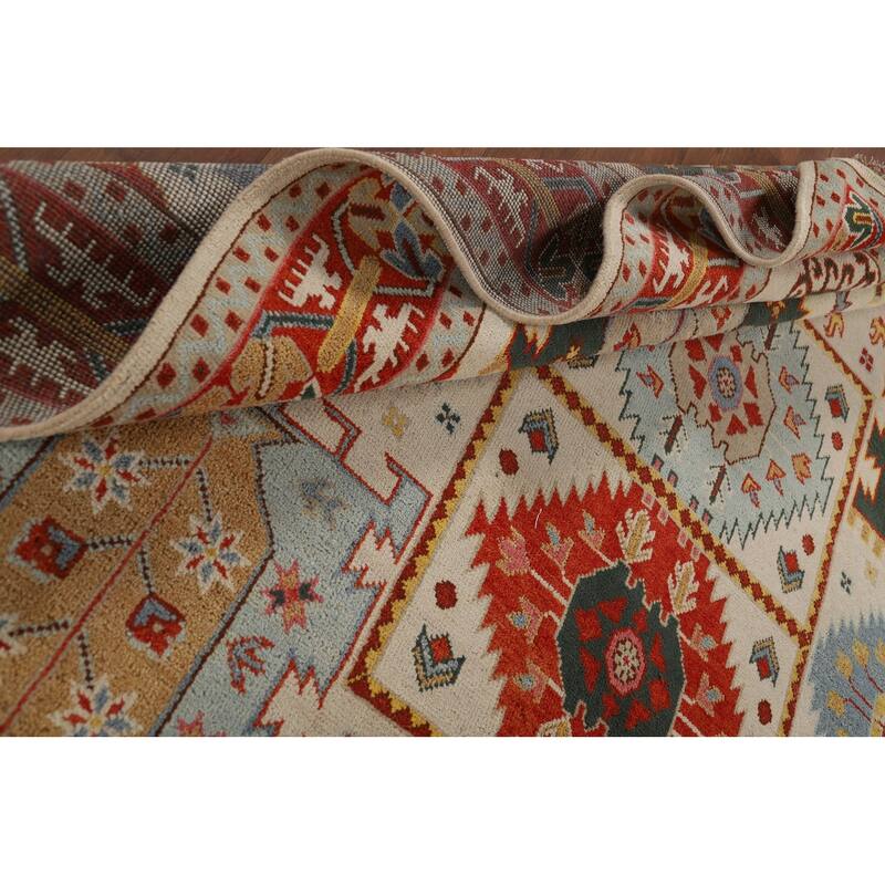 Geometric Heriz Serapi Indian Area Rug Hand-Knotted Wool Carpet - 8'11" x 12'0"
