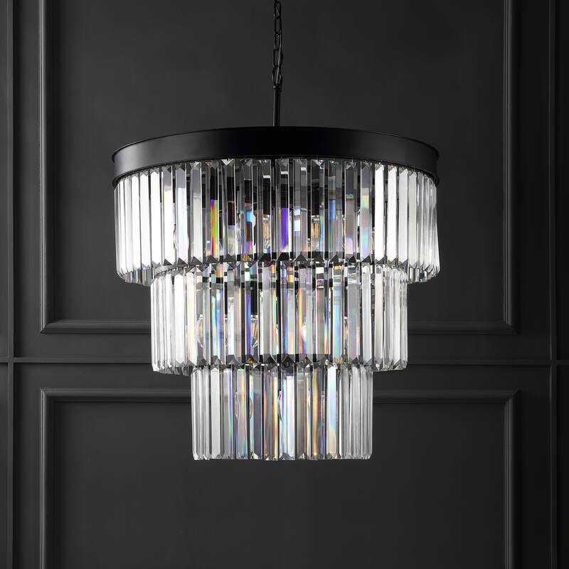 SAFAVIEH Couture Coulette Art Deco 3-Tier Crystal Chandelier - 30 IN W x 30 IN D x 42 / 90 IN H - Black