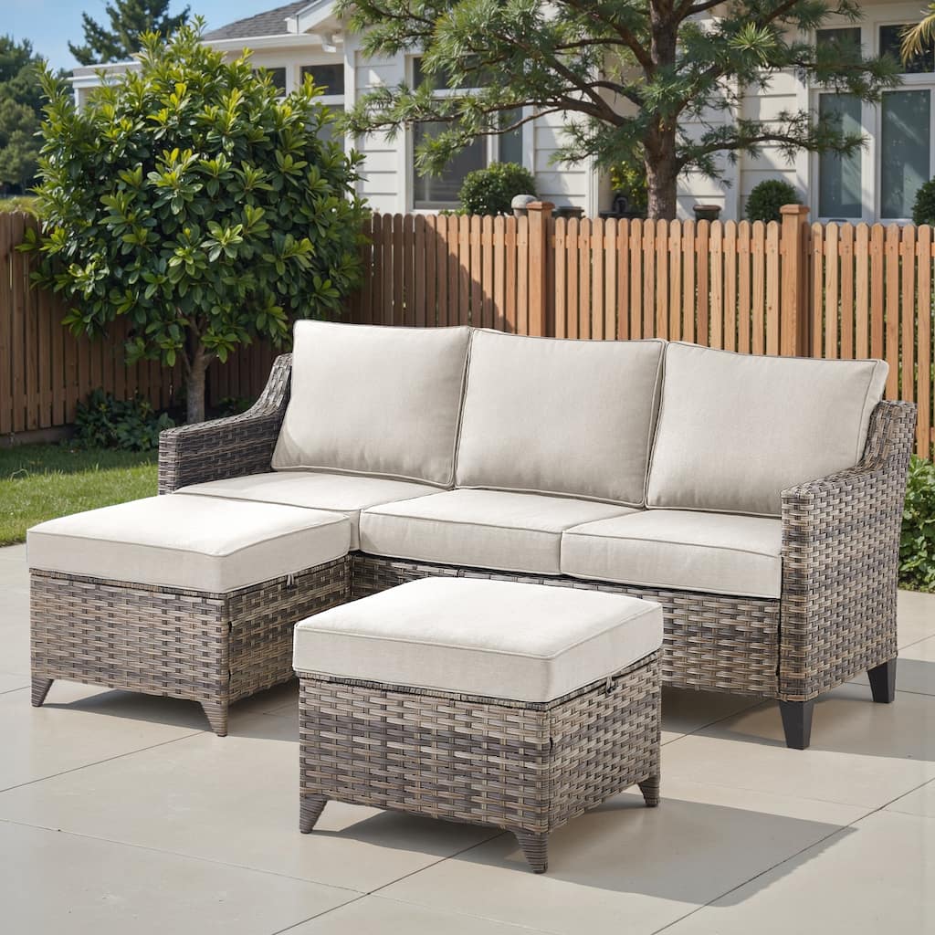 Pocassy 3-Piece Patio Wicker Sofa with Ottoman Set