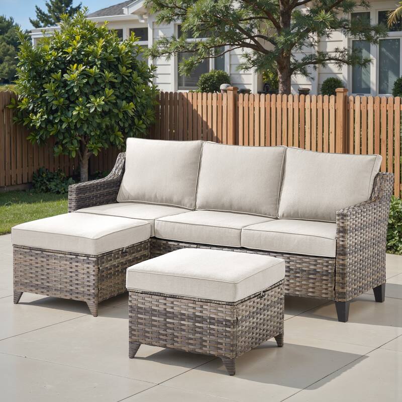 Pocassy 3-Piece Patio Wicker Sofa with Ottoman Set - Beige Cushion Gray Wicker - 3-Piece Sofa w/ Ottoman Set