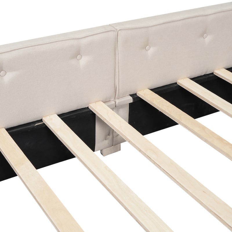 Full/Queen Size Upholstered Daybed with 2 Storage Drawers and USB Ports, Floor Daybed Frame Sofa Bed with L-Shaped Headboard
