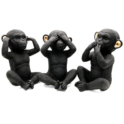 3 Wise Monkeys Speak Hear See No Evil Resin Black Gold Set of 3