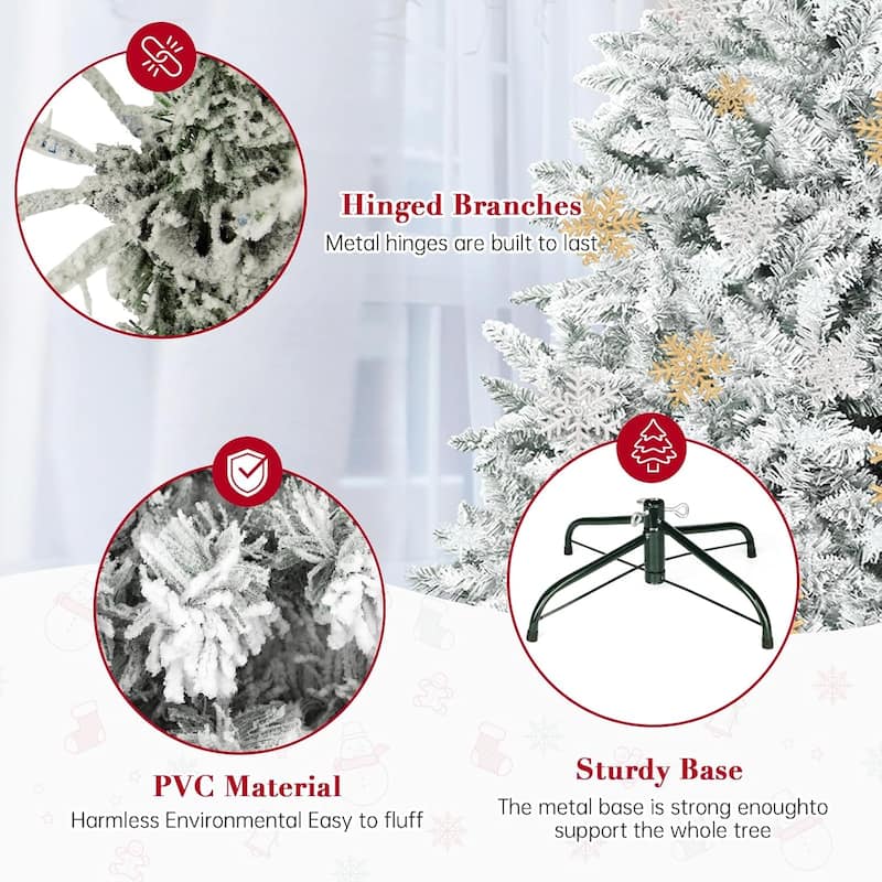 6ft-7ft Artificial Snow Flocked Christmas Tree with Metal Stable Stand Base for Indoor and Outdoor Holiday Decoration