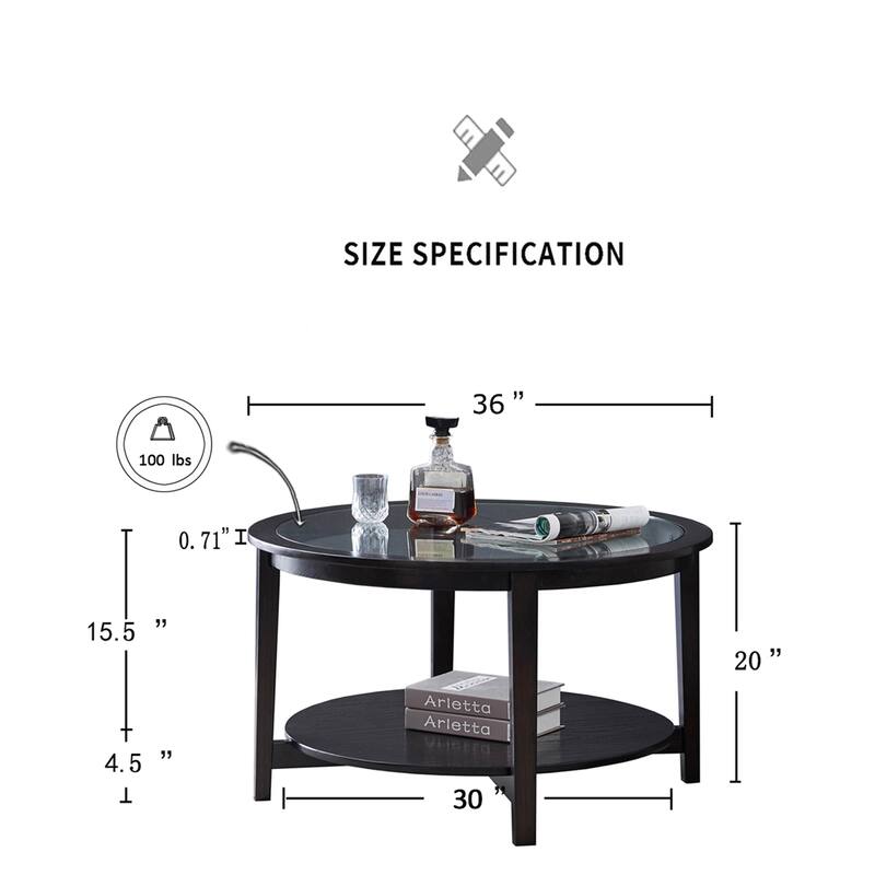 black coffee table with shelf,glass top - Black
