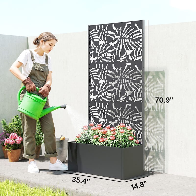 Outsunny Metal Planter Box with Trellis, 71" Tall Raised Garden Bed with Trellis Privacy Screen and Drainage Holes