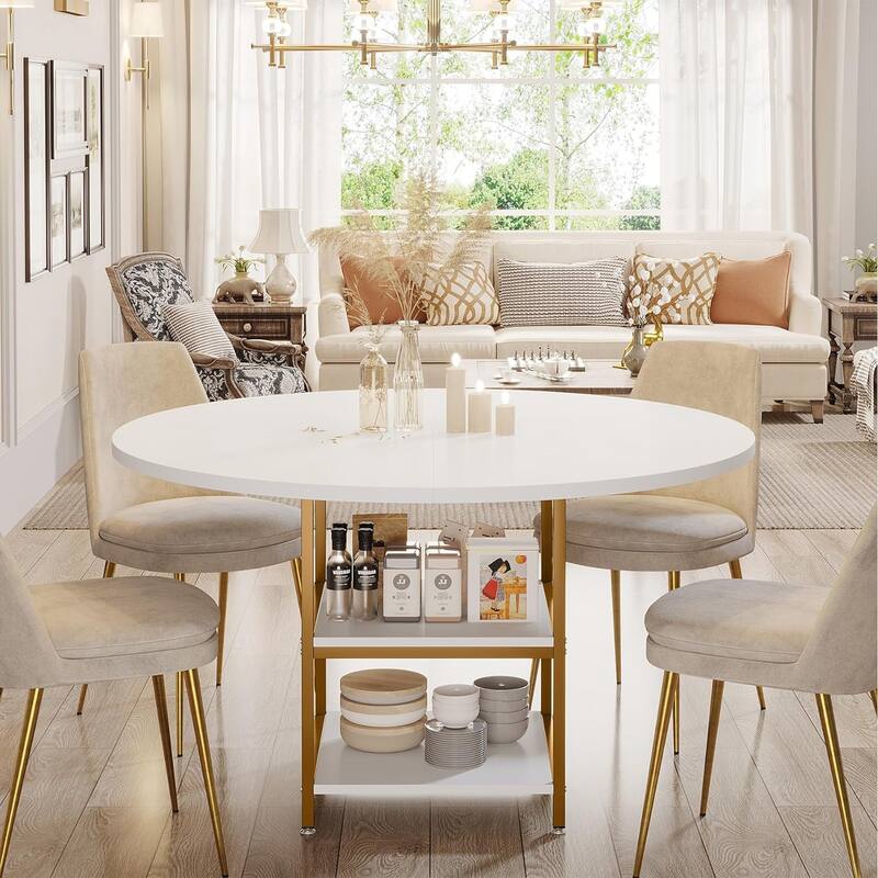 47 inch Dining Table for Dining Room, 4 People Round Dinner Table - white & Gold