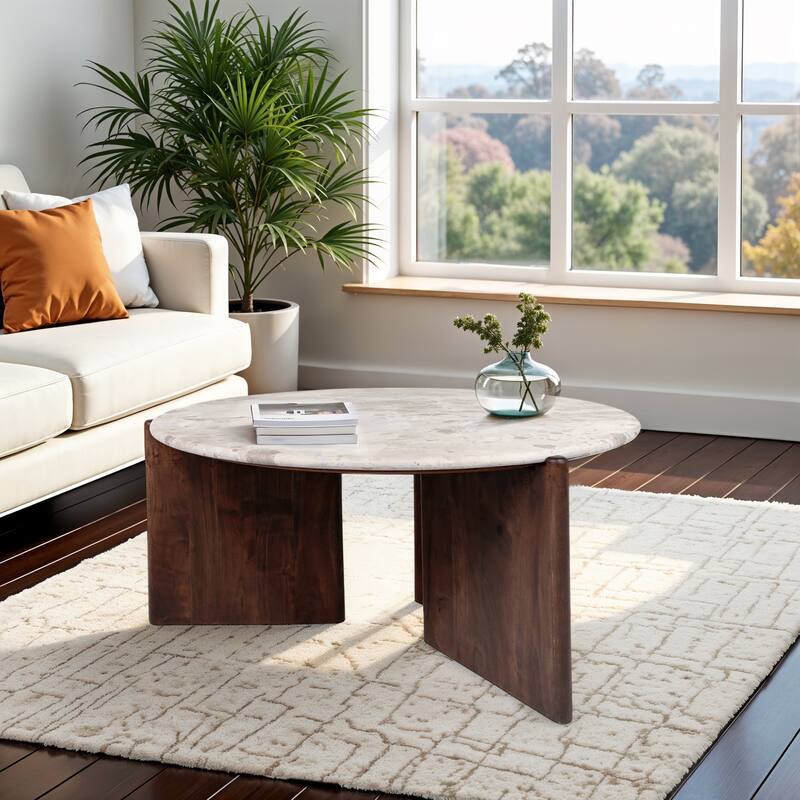 Marble Accent Table Decorative Sculptural Round Wood Base Silhouette - 39" x 39" x 18"