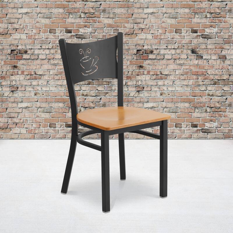 2 Pack Coffee Back Metal Restaurant Chair - 17.25"W x 20"D x 33.25"H - natural wood seat/black metal frame
