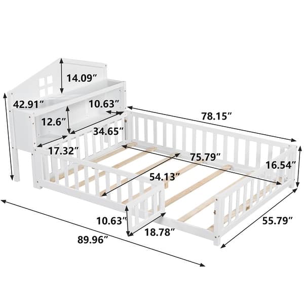dimension image slide 2 of 3, Full-Size Montessori Floor Bed with Bookcases & Blackboards, Solid Wood Design for Kids with Guardrails & Storage, Grey