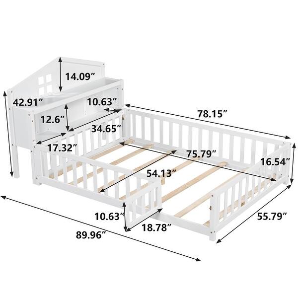Full-Size Montessori Floor Bed with Bookcases & Blackboards, Solid Wood Design for Kids with Guardrails & Storage, White