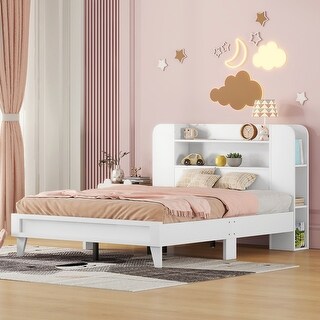 White Platform Bed with Storage Bookshelf Headboard