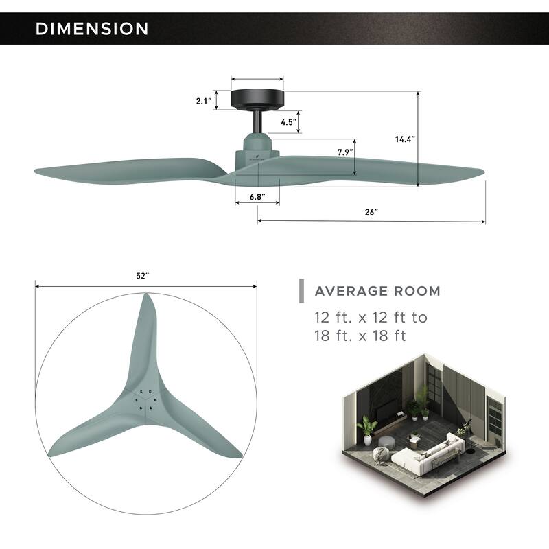 52" Modern Sage Green ABS 3-Blade Outdoor Ceiling Fan without Light