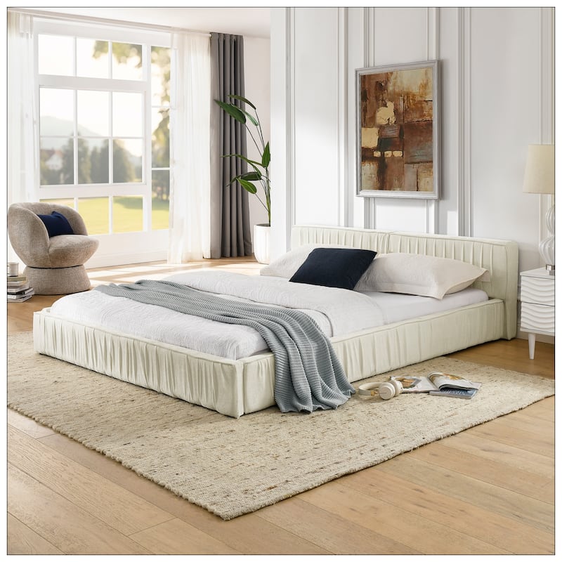 Queen Size Upholstered Bed Frame with Chenille fabric with pleated design